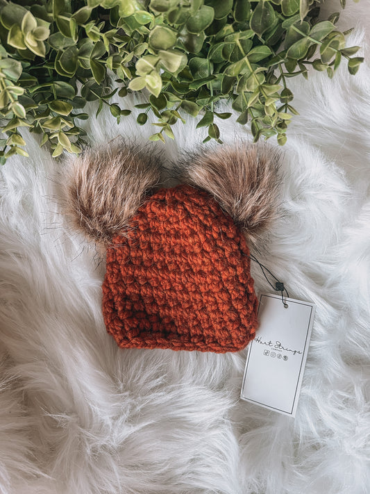 Double Pom Newborn Crochet Hat - Rust