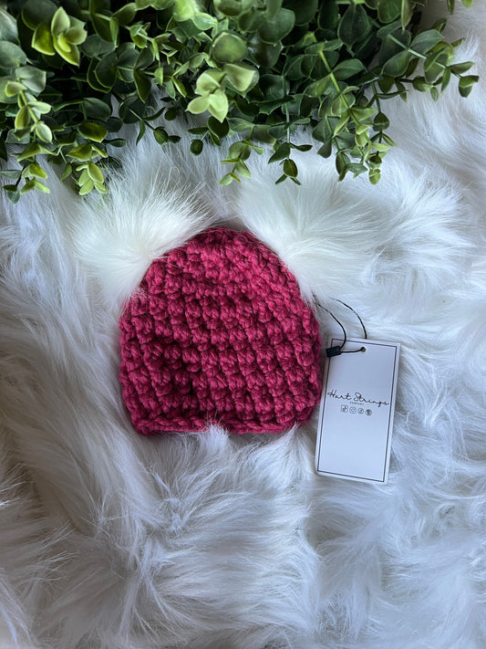 Double Pom Newborn Crochet Hat - Cranberry
