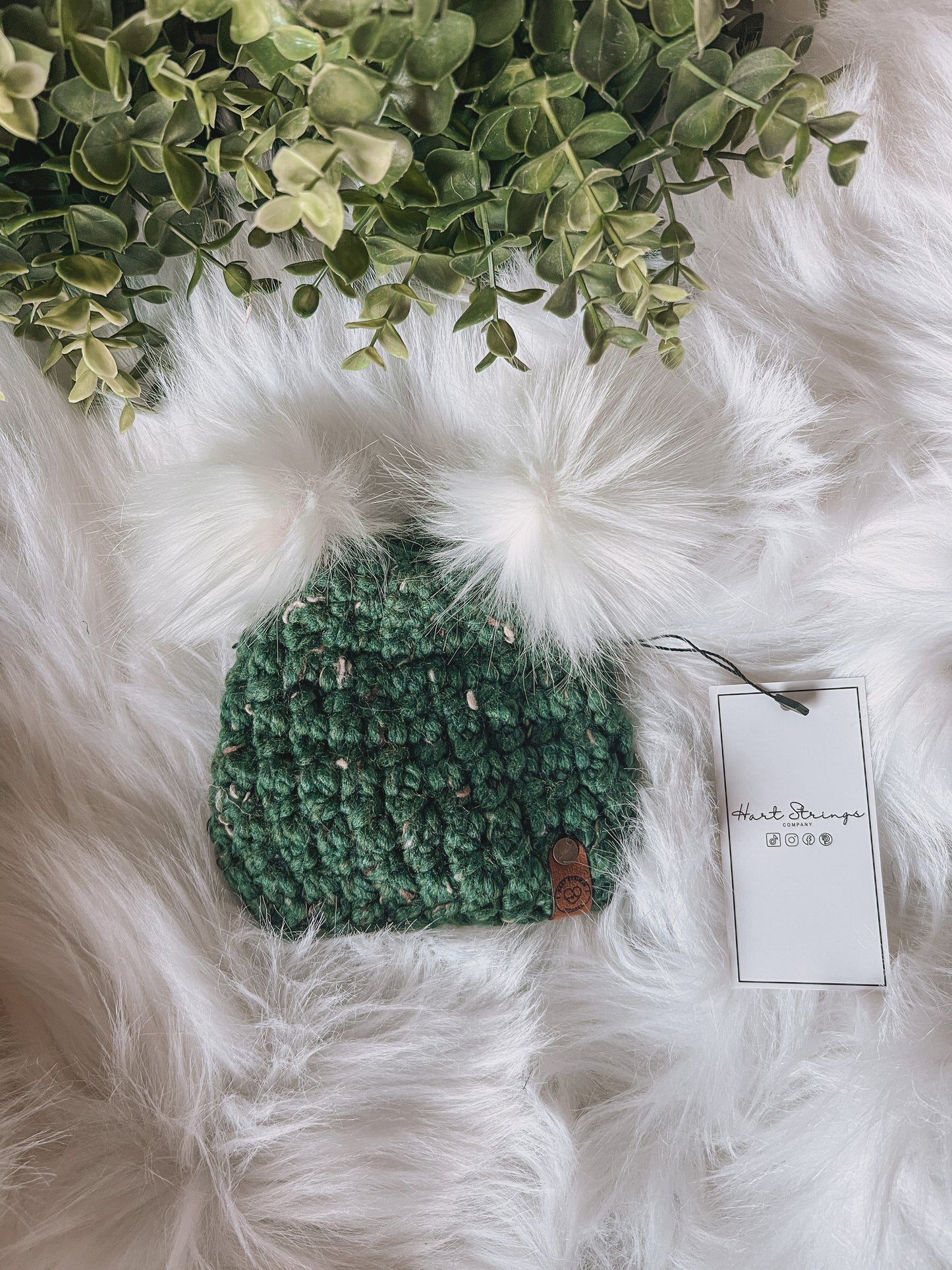 Double Pom Newborn Crochet Hat - Kale